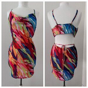 Blanc Clothing large open back & sides cowl neck bodycon sexy mesh dress lined